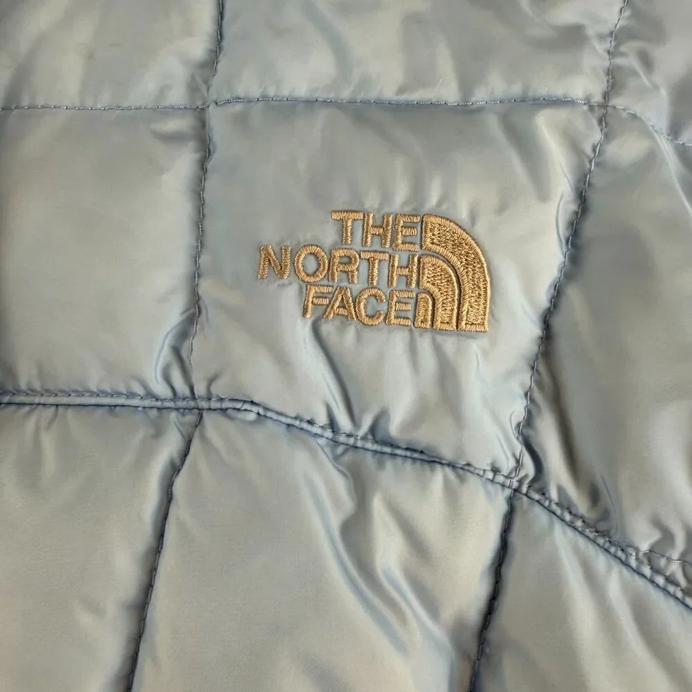North Face Girls 550 Down Puffer Jacket Hooded Periwinkle Blue Size Large